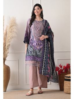 Shop Begum - Women Maroon Cotton Embroidered Kurta with Pant and Dupatta