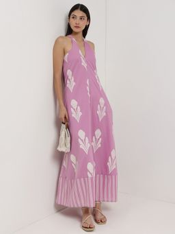Pink Fort - Women Lavender Cotton Floral Maxi Dress