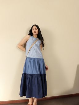 Pink Fort - Women Navy Blue Cotton Colorblock Maxi Dress