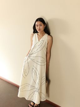 Pink Fort - Women Off White Cotton Floral Maxi Dress