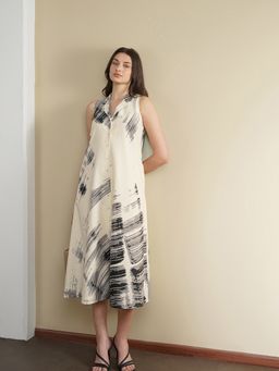 Pink Fort - Women Off White Cotton Abstract Midi Dress