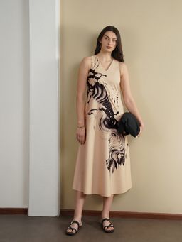 Pink Fort - Women Beige Cotton Abstract Midi Dress