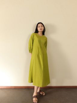 Pink Fort - Women Green Cotton Solid Midi Dress
