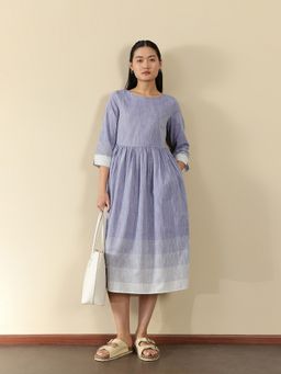 Pink Fort - Women Blue Cotton Stripes Midi Dress