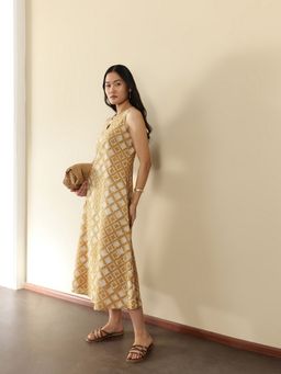 Pink Fort - Women Mustard Cotton Floral Midi Dress