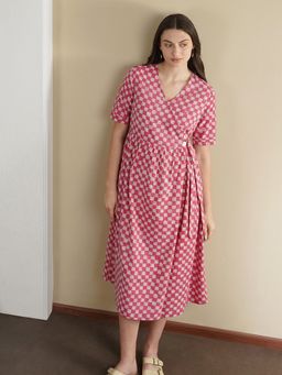 Pink Fort - Women Pink Cotton Checks Midi Dress