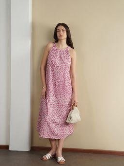 Pink Fort - Women Pink Cotton Floral Midi Dress