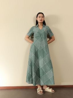 Pink Fort - Women Green Cotton Checks Maxi Dress