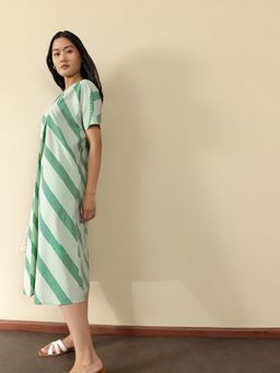 Pink Fort - Women Green Cotton Stripes Midi Dress