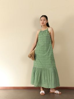 Pink Fort - Women Green Cotton Geometric Maxi Dress