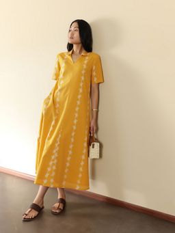 Pink Fort - Women Yellow Cotton Floral Midi Dress