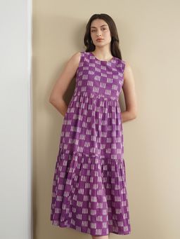 Pink Fort - Women Purple Cotton Geometric Midi Dress
