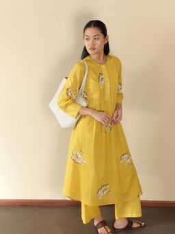 Pink Fort - Women Yellow Pure Cotton Floral Kurta with Trouser