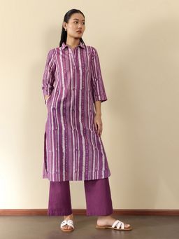 Pink Fort - Women Purple Pure Cotton Stripes Kurta with Trouser