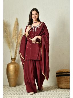 Shop Begum - Women Wine Crepe Embellished Kurta with Palazzo and Dupatta