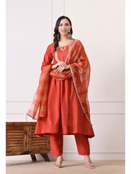Shop Begum - Women Rust Chanderi Embellished Kurta with Pant and Dupatta