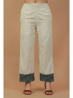 Tjori - Solid Ivory Straight Cotton Pants with Lace Hem
