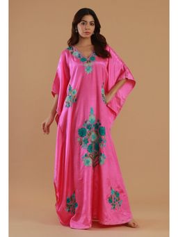 Tjori - Women Pink Satin Embroidered Flared Kaftan Kurta