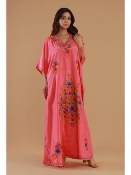 Tjori - Women Pink Satin Embroidered Flared Kaftan Kurta