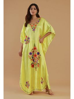 Tjori - Women Yellow Satin Embroidered Flared Kaftan Kurta
