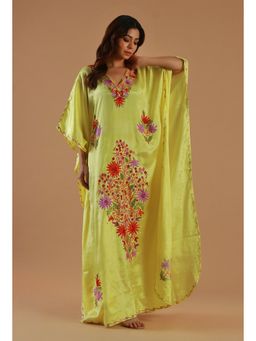 Tjori - Women Yellow Satin Embroidered Flared Kaftan Kurta