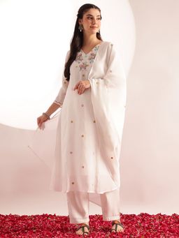 Vbuyz - Women White Chanderi Embroidered Kurta with Pant and Dupatta