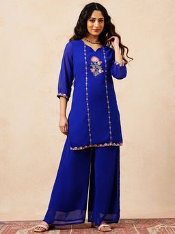 Vbuyz - Women Blue Georgette Embroidered Top with Palazzo