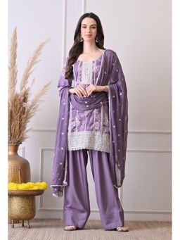 Shop Begum - Women Purple Cotton Embroidered Kurta with Palazzo and Dupatta