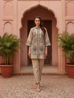 ZUMMER - Cotton Embroidered Co-Ord Set - Beige