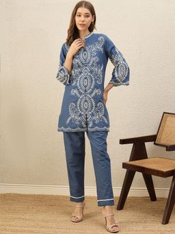 ZUMMER - Cotton Embroidered Co-Ord Set - Blue