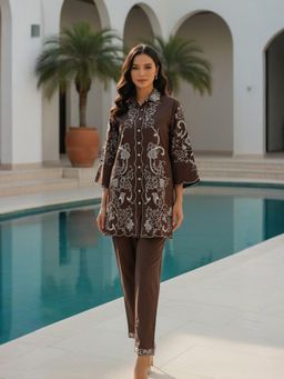 ZUMMER - Cotton Floral Embroidered Co-Ord Set - Brown