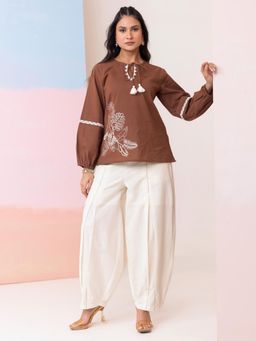 ZUMMER - Cotton Embroidered Co-Ord Set - Brown