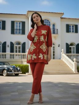 ZUMMER - Cotton Embroidered Co-Ord Set - Rust