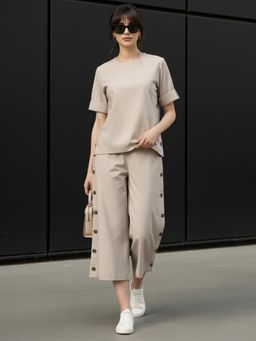 ZUMMER - Cotton Solid Co-Ord Set - Beige