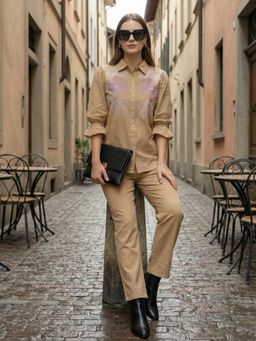 ZUMMER - Cotton Embroidered Co-Ord Set - Beige