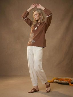 ZUMMER - Cotton Embroidered Co-Ord Set - Brown
