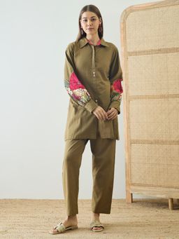 ZUMMER - Cotton Floral Embroidered Co-Ord Set - Olive