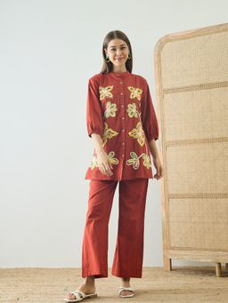 ZUMMER - Cotton Embroidered Co-Ord Set - Rust