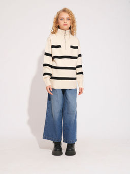 VERO MODA - Girl Light Beige Striped High Neck Pullover Sweater