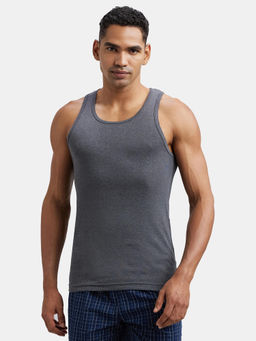 Jockey - FP04 Men Super Combed Cotton Rib Round Neck Sleeveless Vest-Charcoal & Orange