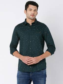 Spykar - Bottle Green Cotton Full Sleeve Printed Shirt for Men