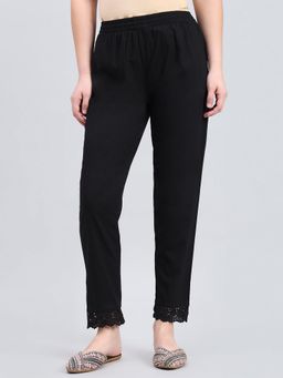 Go Colors - Black Cotton Women Lace Inserted Pencil Pants
