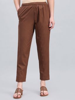 Go Colors - Women Solid Brown Mid Rise Cotton Pencil Pant