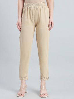 Go Colors - Beige Cotton Women Lace Inserted Pencil Pants