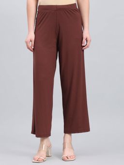 Go Colors - Brown Solid Mid Rise Wide Leg Ribbed Cropped Palazzo
