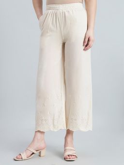 Go Colors - Women Cream Cotton Crop Hakoba Wide Leg Pants