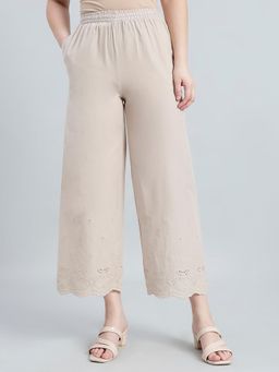Go Colors - Women Beige Cotton Crop Hakoba Wide Leg Pants