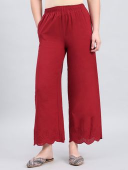 Go Colors - Maroon Schiffli Detail Cropped Palazzo