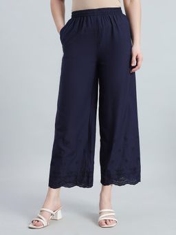 Go Colors - Women Navy Cotton Crop Hakoba Wide Leg Pants