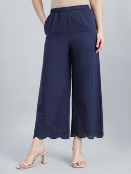 Go Colors - Navy Blue Schiffli Detail Cropped Palazzo